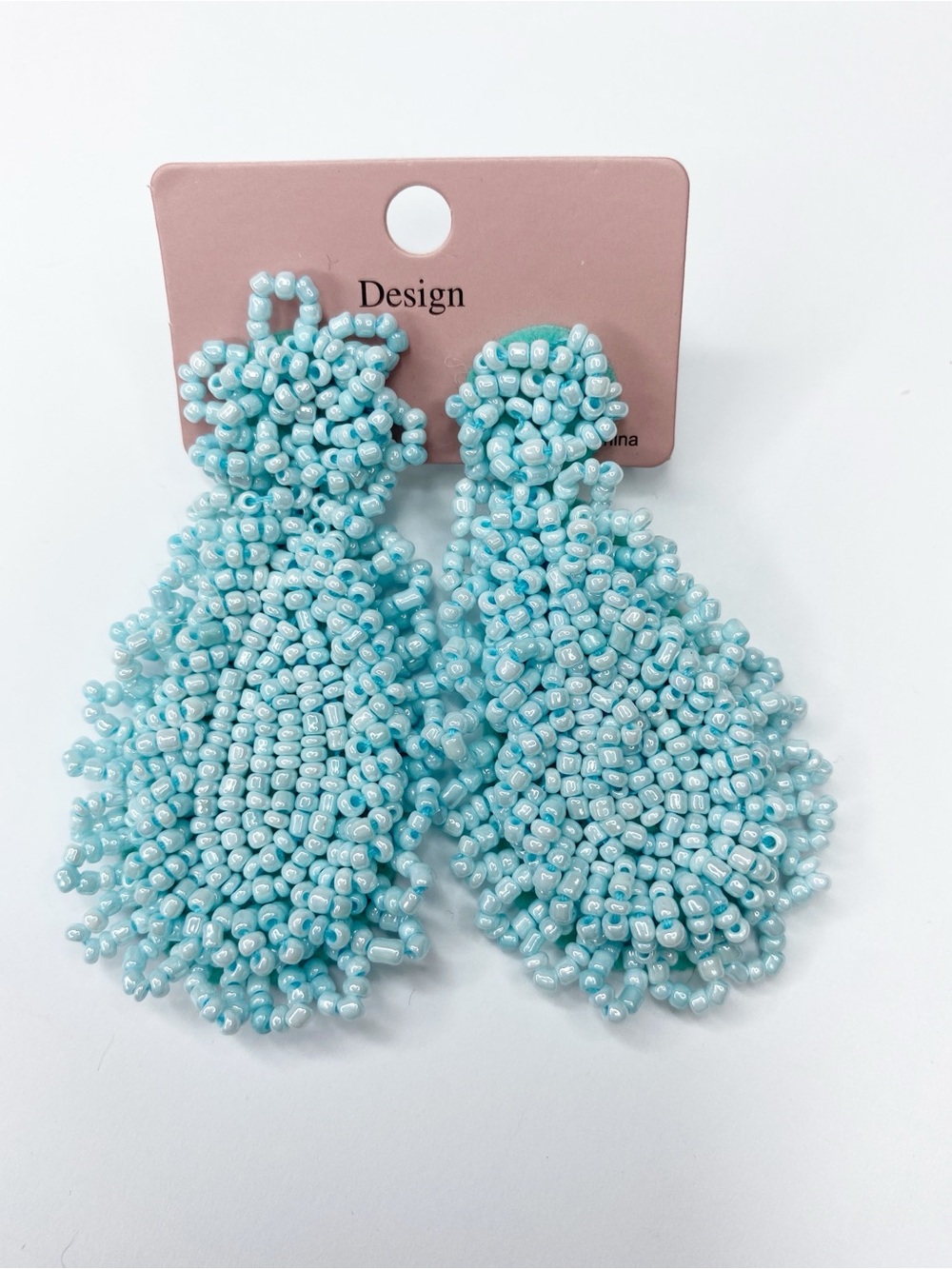 Handmade Light Blue Seed Bead Fringe Tassel Statement Earrings Boho Coastal